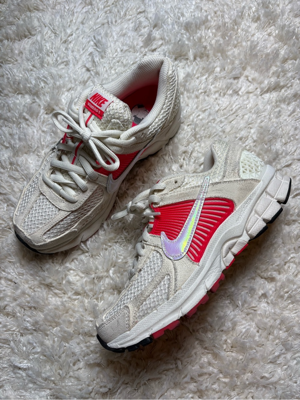 Nike Women's Vomero 5 Running Sneakers in Cream/Infrared/Holographic